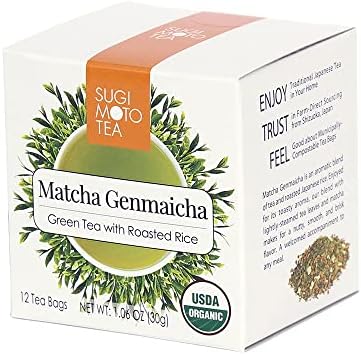 [Sugimoto Tea] Organic Matcha Genmaicha Tea Bags, Authentic Japanese Green Tea Blend with Roasted Rice, Award-Winning Taste & Aroma, 12 Compostable Pyramid Bags (1.06 oz)