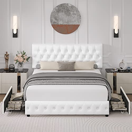 Queen Bed Frame With 4 Storage Drawers And Adjustable Headboard, Upholstered Faux Leather Platform Bed With Button Tufted Design, Strong Wooden Slats Support, No Box Spring Needed, White #TOP2