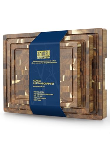 HOSHANHO 3 Packs Acacia Wood Cutting Board Set, Extra Large Cutting Boards for Kitchen Meal Prep, Durable Chopping Board with Built-in Ergonomic Handles & Deep Juice Grooves