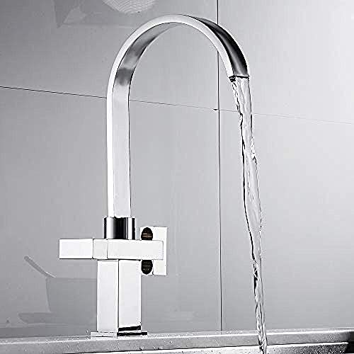 Image of Waterfall Chrome Square Faucet Dual Lever Swivel Spout with UK Standard Fittings Mono Bloc Brass Tap