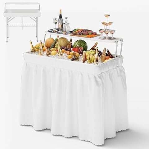 GULAIMOAO Portable Ice Table with Extra Storage Shelf, Ice Tables for Parties with Drain, Folding Ice Cooler Table for Camping, Picnic, Wedding, BBQ, (White) Cover