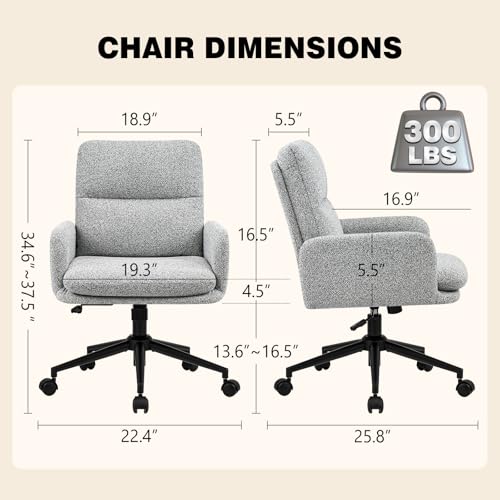 Image of Comfortable Ergonomic Office Chair, Upholstered Desk Chair with Double-Layer Cushioning, Adjustable Height Swivel Task Chair with Padded Armrests, Rolling Wheels and Metal Base, Light Grey