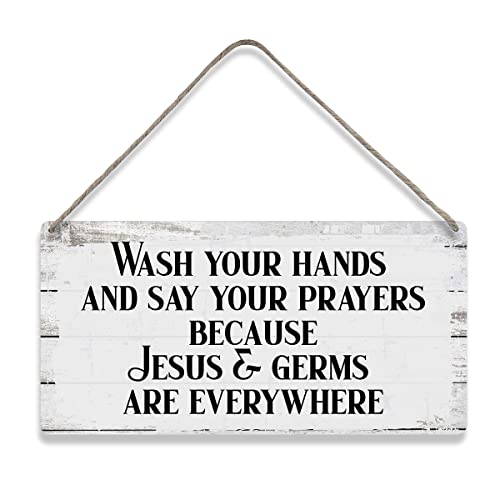 MIGUMUTU Wandschild mit Aufschrift "Wash Your Hands and Say Your Prayers Because Jesus & Germs Are Everywhere", Wanddekoration, Holzschild, rustikales Bauernhaus, Wandschild, Badezimmer-Geschenk