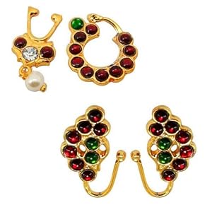 THANU’S CRAFT VAMA FASHIONS Golden Bharatanatyam Dance Jewellery Nath Without Piercing Kempu Nose Ring Pin Nathiya For Women