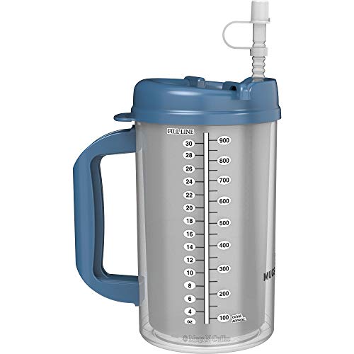 32 Oz Double Walled Hospital Mug With Straw - Pearl Blue Lid And Handle - Mugs N Coffee #TOP1