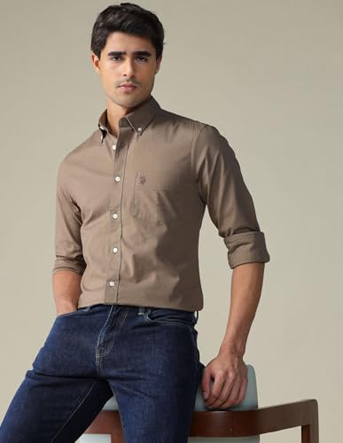 Image of U.S. Polo ASSN. Solid Tailored Fit Cotton Shirts for Men - 100% Cotton, Full Sleeve Mens Casual Shirts