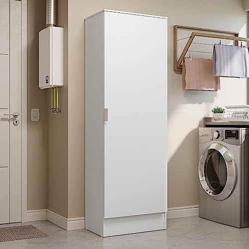 Image of Madesa Storage Cabinet, 1 Door, 5 Utility Shelves, Wooden Organisation Unit, White, 60 cm Width, for Bedroom Office, Laundry Room, Kitchen, Garage