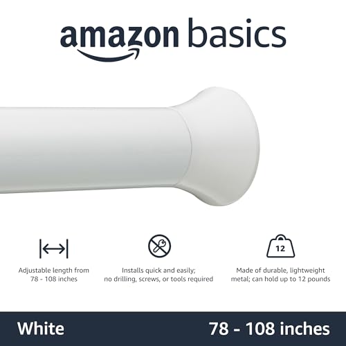 Image of Amazon Basics No Drill Spring Tension Curtain Rod, Adjustable 78-108 inch Width, White, Classic Finial
