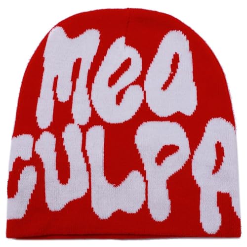 DadaFash Y2K Beanie Acrylic Knit Skull Cap Red White