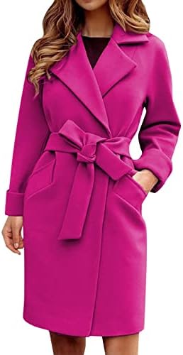 Women Winter Warm Wrap Pea Coat Elegant Lapel Open Front Belted Woolen Trench Coats Casual Mid Long Cardigan Overcoat Outwear