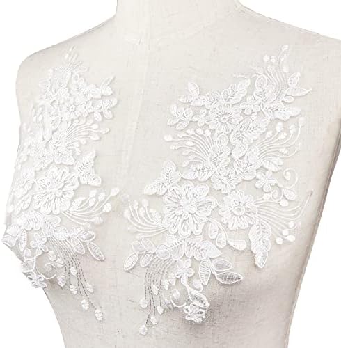 BETITETO 1 Pairs Flower Embroidery Lace Applique White Car Bone Floral Embroidered Sew on Patches for Wedding Dress Gown Bodice Costume Clothing Craft DIY (White)