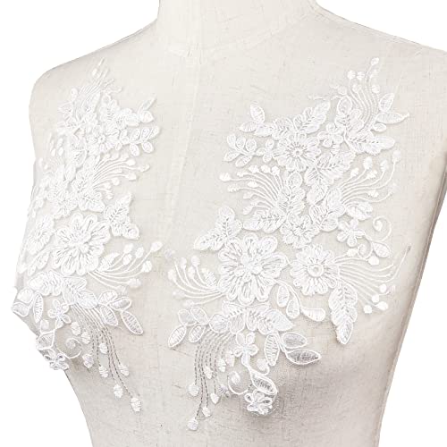 Betiteto 1 Pairs Flower Embroidery Lace Applique White Car Bone Floral Embroidered Sew On Patches For Wedding Dress Gown Bodice Costume Clothing Craft Diy (White) #TOP11