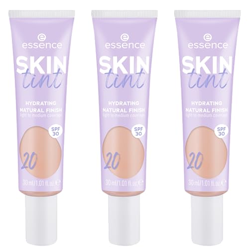 essence SKIN tint, Make-up, Nr. 20, Nude, feuchtigkeitsspendend, natürlich, vegan, ölfrei, UVA- und UVB-Filter + SPF 30, ohne Parfüm, 3er Pack (3x30ml)