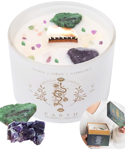 Taurus Virgo Capricorn Gifts for Women - 12oz Wood Wick Candles That Crackle with Crystals and Healing Stones. Healing Crystal Candles for Women Home Scented. Soy Wax