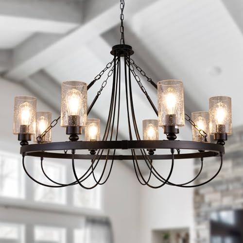 Wellmet Black Chandelier, 8-Light Wagon Wheel Chandelier, 42.51'' Spider Chandelier, for Dining Room, Living Room, Foyer, Entryway, Hallway, Bedroom