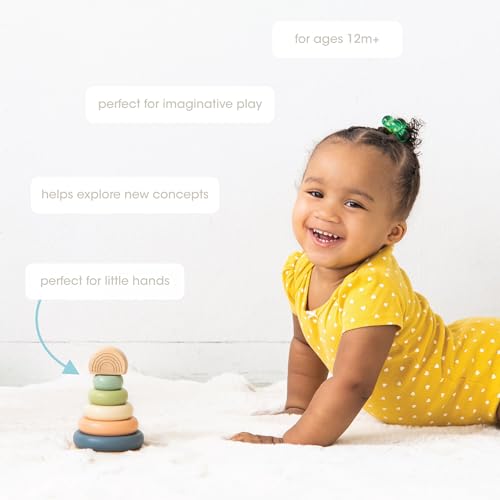 Image of Pearhead Wooden Rainbow Stacking Ring Toy, Montessori Baby Stacker | Neutral Color Sorting Rings, Fine Motor Play, Hand-Eye Coordination, Nursery Decor, Baby or Toddler Gift, Ages 12M+