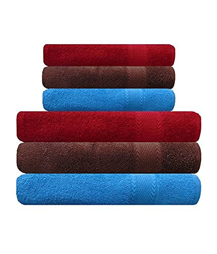 Akin Brown, Red & Blue Cotton Towels - Set of 6 (Bath Towels - 3, Hand Towels - 3)
