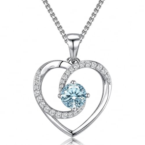 Lyniuoy Heart Birthstone Necklace for Women 18K White Gold Plated March Birthstone Pendant Necklace Birthday Anniversary Jewelry for Wife Mom Daughter with Sentimental Gift Box