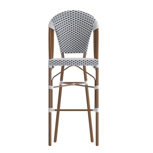BizChair Lourdes Commercial Grade French Bistro Bar Height Stool, Stackable Indoor/Outdoor Dining Stool, 30\" High, White/Navy and Bamboo Finish, Set of 2