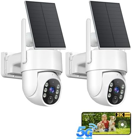 Solar Security Cameras Wireless Outdoor, 5G WiFi Cameras for Home Security, 2K 360° PTZ Battery Powered Outside Cam, 2 Way Talk, Color Night Vision, Human Detection for Porch/Garage/Yard, 2 Packs