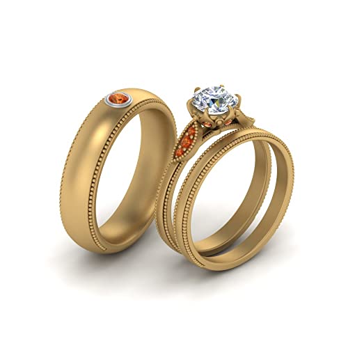 Image of Choose Your Gemstone Milgrain Matching Wedding Set for Couples Yellow Gold Plated Round Shape Wedding Ring Sets Matching Jewelry Wedding Jewelry Easy to Wear Gifts US Size 4 to 12