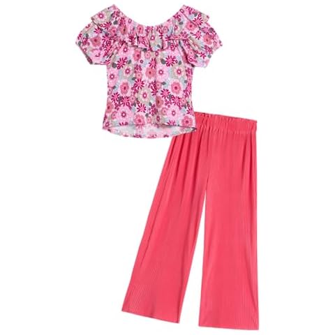 Instagirl Girls' Pants Set - Puff Sleeve Shirt and Flowy Wide Leg Pants Set - Cute Summer Outfit Set for Girls (7-12), Size 7-8, Pink Cover