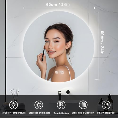 JAMUBOCHE LED Bathroom Mirror For Over Sink, 60CM Electric Round Vanity Mirror With Backlit Lights For Shower Shaving, Fogless Wall Mounted Dimmable 3 Color Lighting, IP54 - Image 2