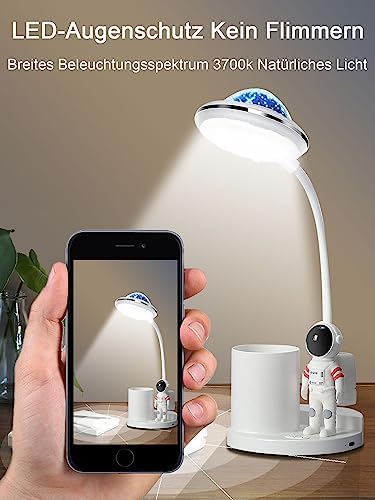 WLHBF Lampa biurkowa dla dzieci, astronauta LED, przenośna lampa stołowa, lampka do czytania z projekcją i uchwytem na ołówek, lampa biurkowa, możliwość ściemniania, możliwość ponownego