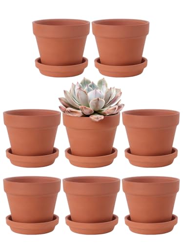 INGOFIN 4 Inch Terracotta Pots with Saucers, 8 Pack Shallow Clay Plant Pots with Drainage Holes for Succulents, Cactus, Herbs, Small Terra Cotta Pots for Indoor Outdoor, Set of 8