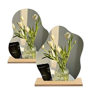 Acryl Schminkspiegel 2 Stück, Rahmenlos Unregelmäßiger Dekorative Spiegel Klein, Kosmetik Tischspiegel mit Holzsockel für Schlafzimmer Wohnzimmer Hotels Zimmer Deko