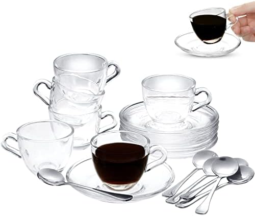 3.4 oz Espresso Cups Small Demitasse Clear Glass Espresso Drinkware Demitasse Cups Espresso Cups with Saucers Set Tea Cup and Saucer Set of 6 with Stainless Steel Mini Spoon for Hostess Coffee Lover