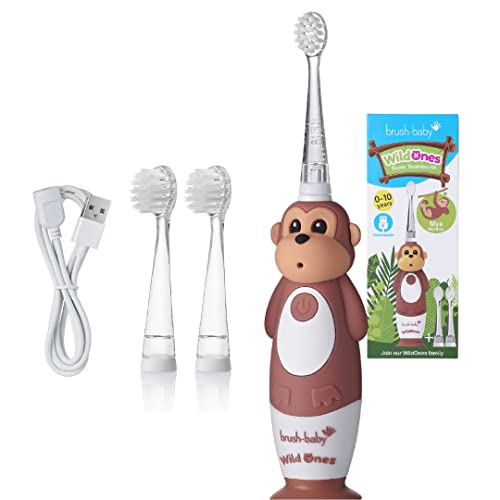 Brush-Baby WildOnes Kids Electric Rechargeable Toothbrush, 1 Handle, Brush Head, USB Charging Cable, for Ages 0-10 (Monkey)