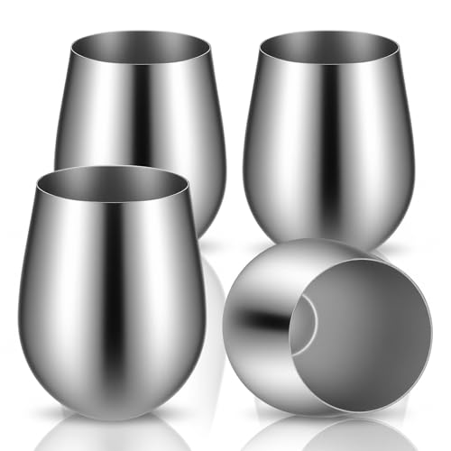 PercyEffie 4 Stemless Stainless Steel Wine Glasses, 18 oz Unbreakable Wine Glasses Tumblers for Wedding Gifts, Holiday, Birthday Party, Home Bar, Drinkware, Silver