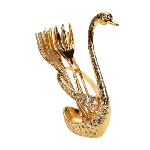 YPREWY Kit de cubiertos para fiesta de 6 piezas con soporte de base de cisne de acero inoxidable, tenedores de frutas y postres, cucharas agitadoras para fiesta de boda
