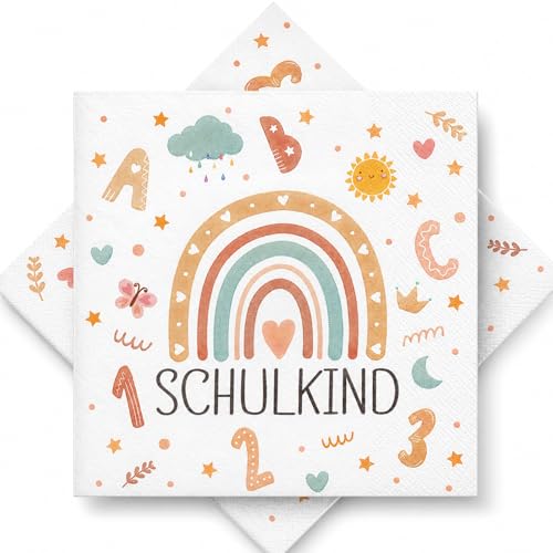 40 Stück Servietten Einschulung Deko Für Junge Und Mädchen Schulanfang Regenbogen ABC Schulkind 2026 Mädchen Junge Papierservietten Für Tischdeko Einschulung Schulanfang Deko Partybedarf