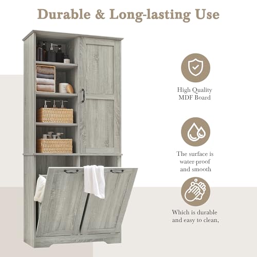 Merax Cabinet with Tilt-Out Laundry Hamper Basket, Tall Bathroom Storage Organizer Linen with Open Shelf for Home, Freestanding, Oak by Merax - Image 3