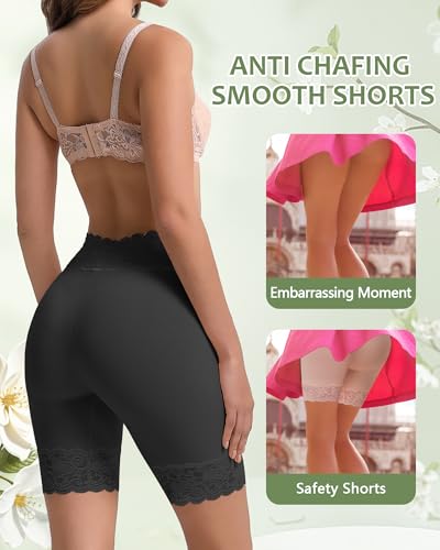 Blueinn Women’s Slip Shorts for Under Dresses Cooling Anti Chafing High Waisted Underwear - Lace Waistband, Seamless Lace Shorts Under Skirts & Dresses BK-L Black