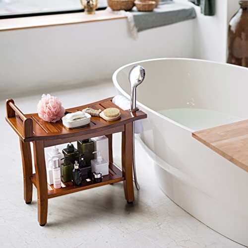 Axeman Teak Shower Bench With Shelf | 24 Inch 2-Tier Teak Wood Shower Chair Bathroom Stool For Inside Shower Legs Shaving, Shower Seat For Seniors Elderly Waterproof Heavy Duty, Indoor And Outdoor Use #TOP7