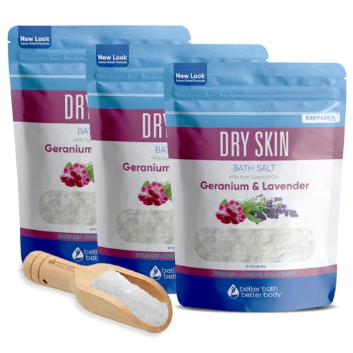 Dry Skin Bath Salt (3 Pack with Scoop) Skin Soothing Epsom Salt with Pure Essential Oils in BPA Free Pouch with Press Lock Seal Made in USA Three 2 Lbs Pouches 6 Lbs Total