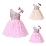 Tüll Pailletten Kleid Mädchen Schulterfreies Glitzer Schleife Tüllkleider Mit Breiter Raffung Schultergurt Kinder Kleinkind Ärmellos Mehrschichtiges Einfarbig Blumenmädchenkleid (Pink, 5-6 Years)