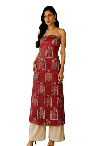 Image of Ethnics of Kutch Women's Ajrakh Modal Silk Natural Dye Hand Block Print Unstitched Kurta Fabric (For Lenght - Refer Bullet Point Below)