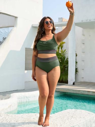 CheChury Plus Size Women's High Waisted Bikini Set Tummy Control Padded Bikini Push Up High Waist Bikini with Woven Band Swimming Costume Women Plus Size Swimwear, Green, 3XL - Image 3