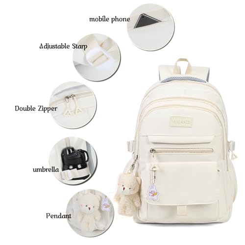 PRLINJSK Girls Backpack for College High Middle School Student, Cute Aesthetic Bookbag for Teens Women with Accessories,Beige