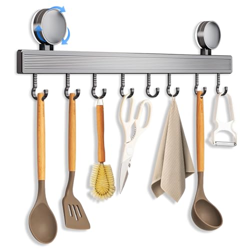QHSXMQ Barre à crochets de cuisine sans perçage avec ventouse | 8 Crochets, 40 cm de long, capacité de charge 20 kg, installation en 1 minute | Barre à Crochets amovible en acier inoxydable
