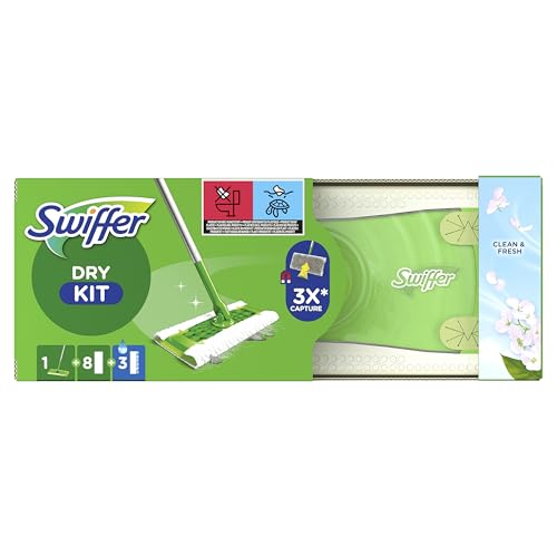 Swiffer Balai Attrape-Poussière, Kit de Démarrage (1 Balai+8 Lingettes Sèches+3 Lingettes Imprégnées pour Parquet), Attrape Et Retient 3x Plus de Poussière qu'un Balai Classique, Pour Poils d'Animaux