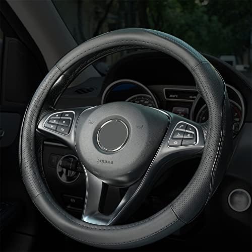High End Genuine Premium Leather 14.5 Inch Steering Wheel Cover for Cars, SUVs, and Trucks, Universal fit, Breathable, Perforated, Anti-Slippery, Sweat Absorbing (Black/Black, 14.5 Inches)