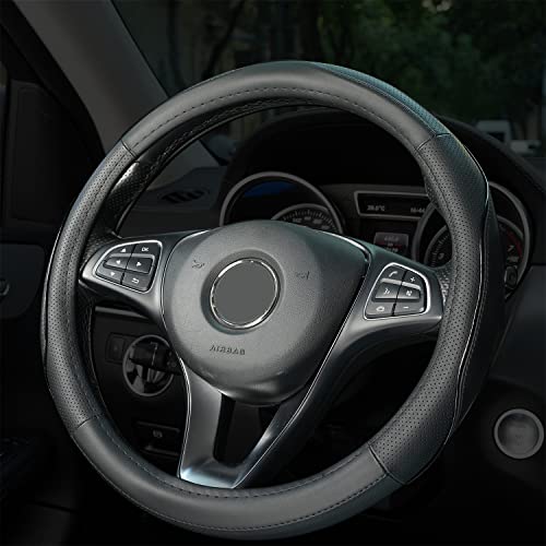 High End Genuine Premium Leather 14.5 Inch Steering Wheel Cover For Cars, Suvs, And Trucks, Universal Fit, Breathable, Perforated, Anti-Slippery, Sweat Absorbing (Black/Black, 14.5 Inches) #TOP21