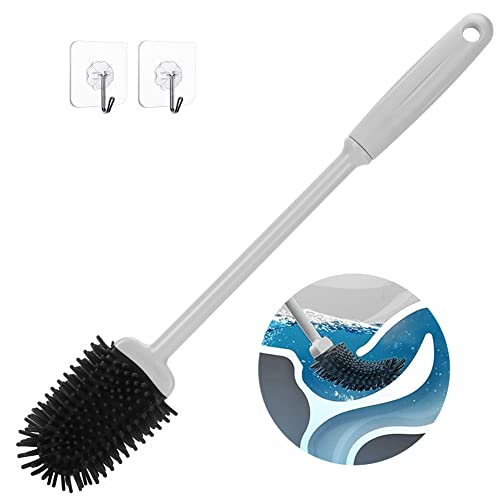 Silikon Toilettenbürste, Wandmontage WC Bürste ohne Bohren, mit 2 Stück klebehaken, mit 3-in-1 Bürstenkopf, für Badezimmer und Toilette(Grau) Cover