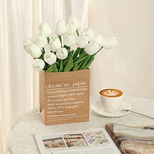 Cewor 18Pcs Fake Tulips Faux White Flowers Real Touch Tulip Pu Artificial Flowers 13.5" For Spring Home Wedding Bouquet Centerpiece Decoration Floral Arrangement #TOP6