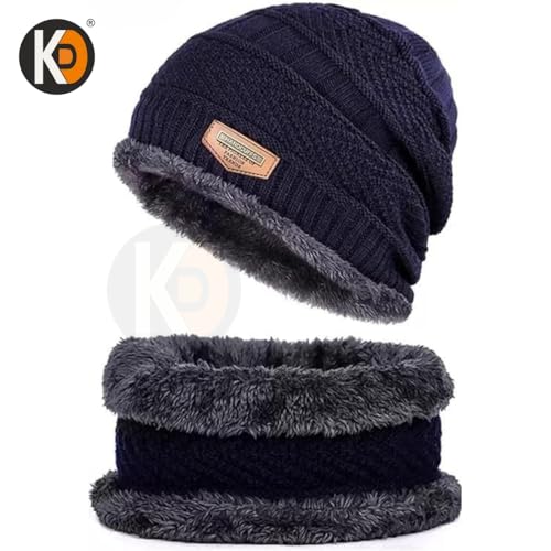 Image of K D Winter Wear 2-in-1 Woolen Beanie Cap & Muffler Set for Men & Women | Soft Thermal Wool | Fleece-Lined | Head & Neck Warmer | Unisex Winter Accessories (Cap /Muffler - Blue)